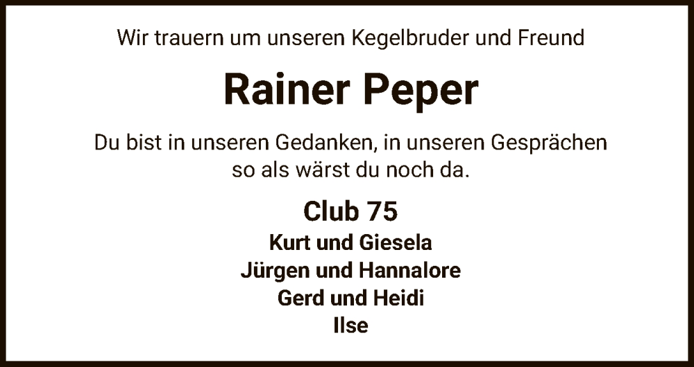  Traueranzeige für Rainer Peper vom 06.01.2024 aus SYK