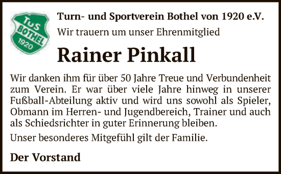 Traueranzeige von Rainer Pinkall von SYK