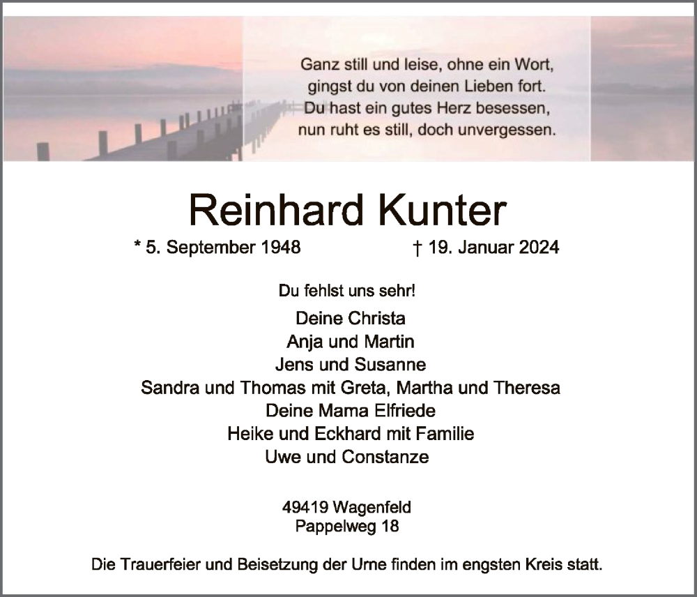  Traueranzeige für Reinhard Kunter vom 23.01.2024 aus SYK