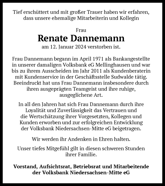 Traueranzeige von Renate Dannemann von SYK