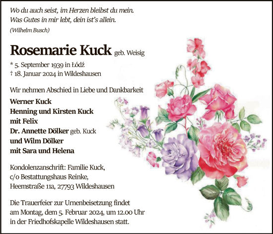 Traueranzeige von Rosemarie Kuck von SYK