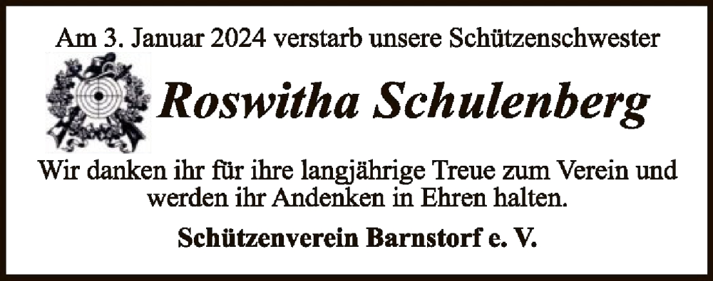  Traueranzeige für Roswitha Schulenberg vom 06.01.2024 aus SYK