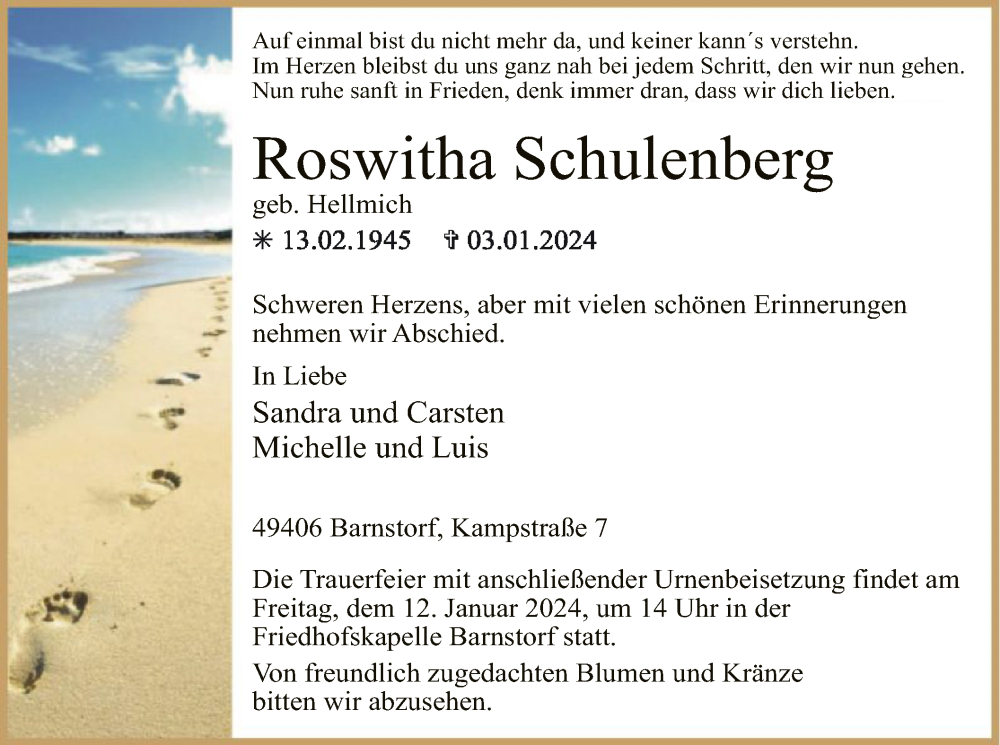  Traueranzeige für Roswitha Schulenberg vom 06.01.2024 aus SYK