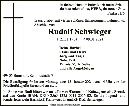 Traueranzeige von Rudolf Schwieger von SYK