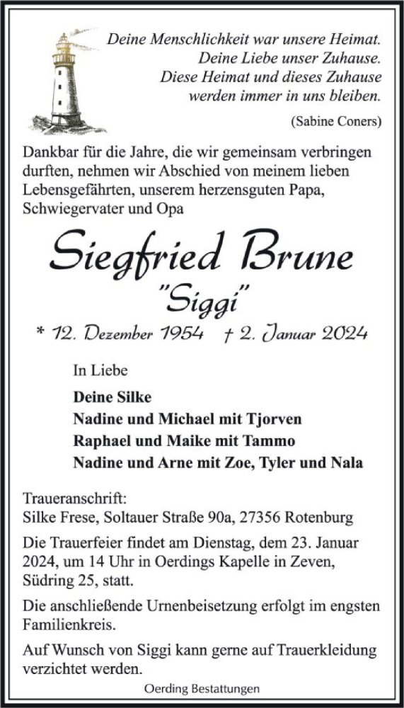 Traueranzeigen von Siegfried Brune trauer.kreiszeitung.de