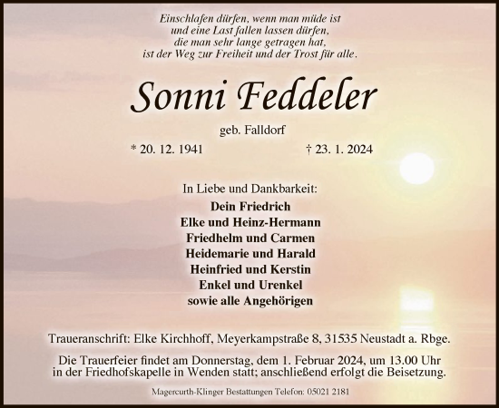 Traueranzeige von Sonni Feddeler von SYK