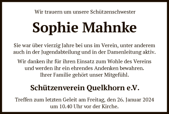 Traueranzeige von Sophie Mahnke von SYK