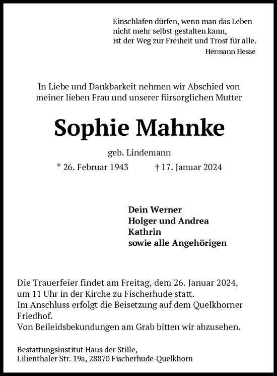 Traueranzeige von Sophie Mahnke von SYK