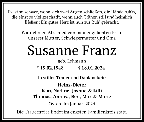 Traueranzeige von Susanne Franz von SYK