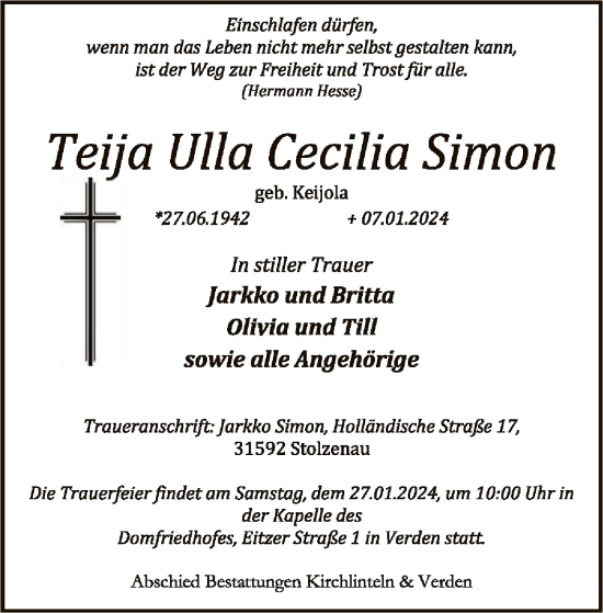 Traueranzeige von Teija Ulla Cecilia Simon von SYK