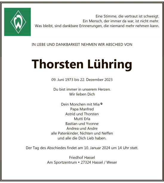 Traueranzeige von Thorsten Lühring von SYKSYK