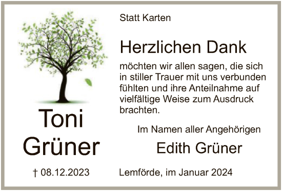 Traueranzeige von Toni Grüner von SYK