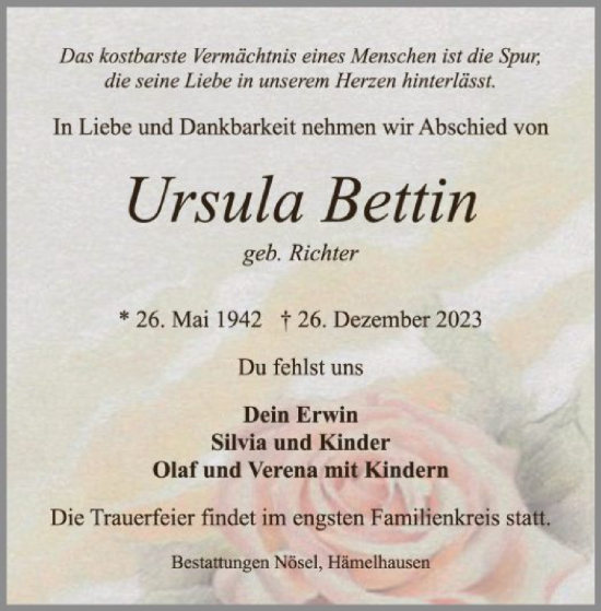 Traueranzeige von Ursula Bettin von SYK