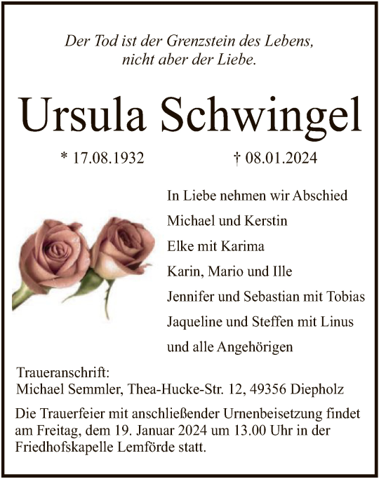 Traueranzeige von Ursula Schwingel von SYK