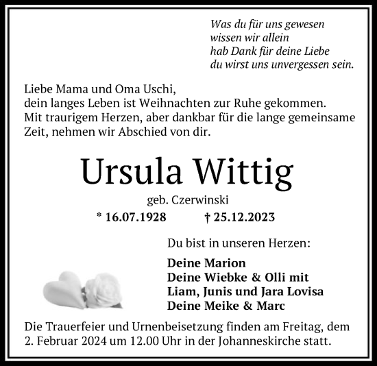 Traueranzeige von Ursula Wittig von SYK