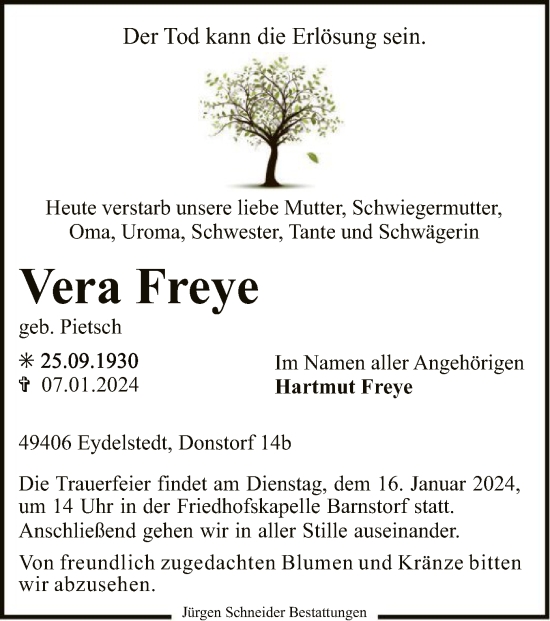 Traueranzeige von Vera Freye von SYK