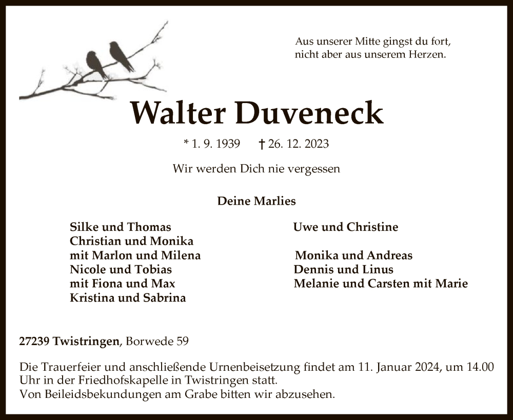  Traueranzeige für Walter Duveneck vom 03.01.2024 aus SYK