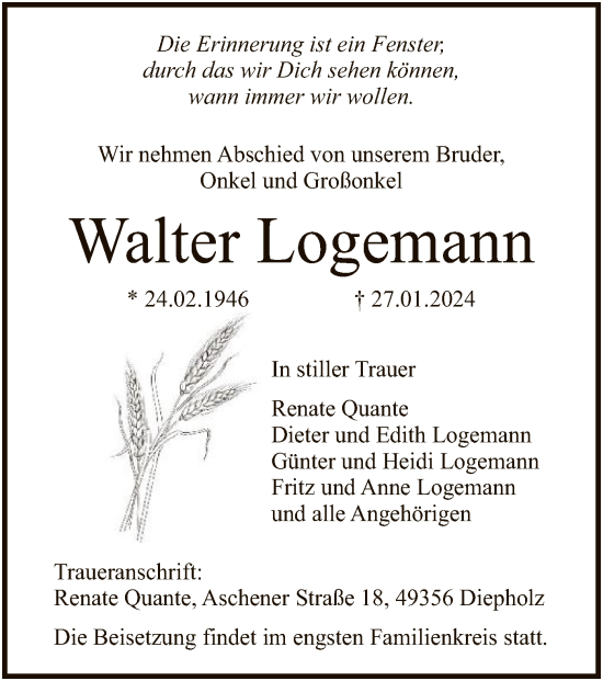 Traueranzeige von Walter Logemann von SYK