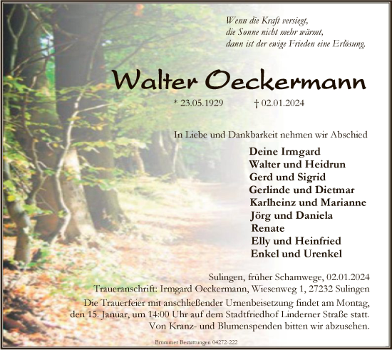 Traueranzeige von Walter Oeckermann von SYK