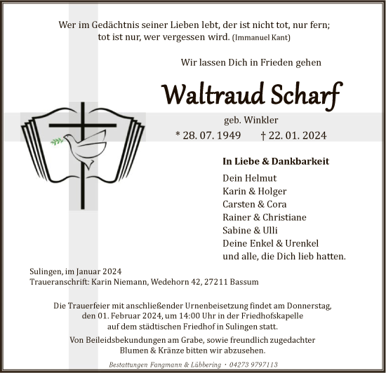 Traueranzeige von Waltraud Scharf von SYKSYK