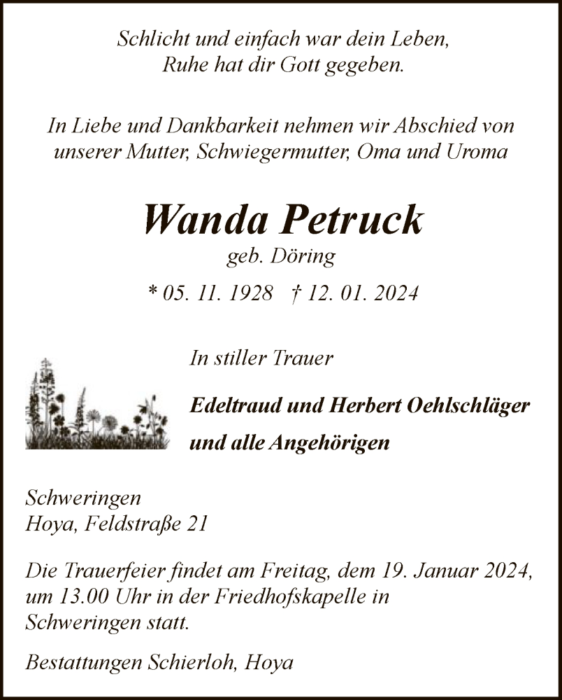  Traueranzeige für Wanda Petruck vom 17.01.2024 aus SYK