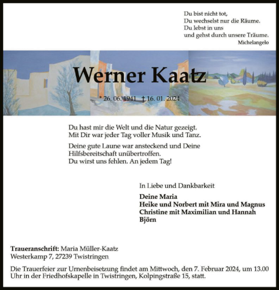 Traueranzeige von Werner Kaatz von SYK