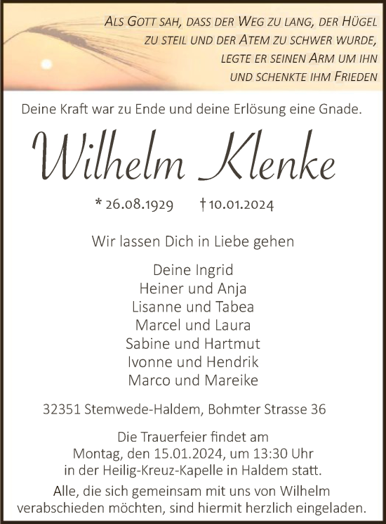 Traueranzeige von Wilhelm Klenke von SYK