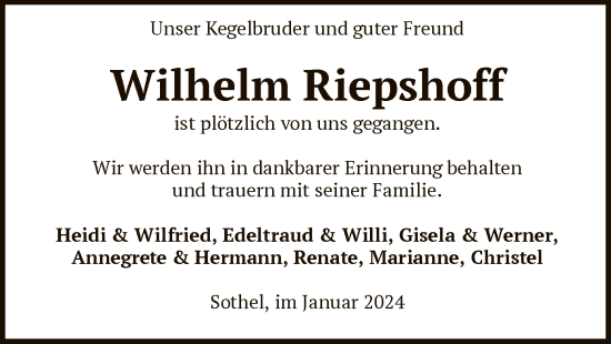 Traueranzeige von Wilhelm Riepshoff von SYK