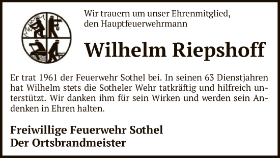 Traueranzeige von Wilhelm Riepshoff von SYK