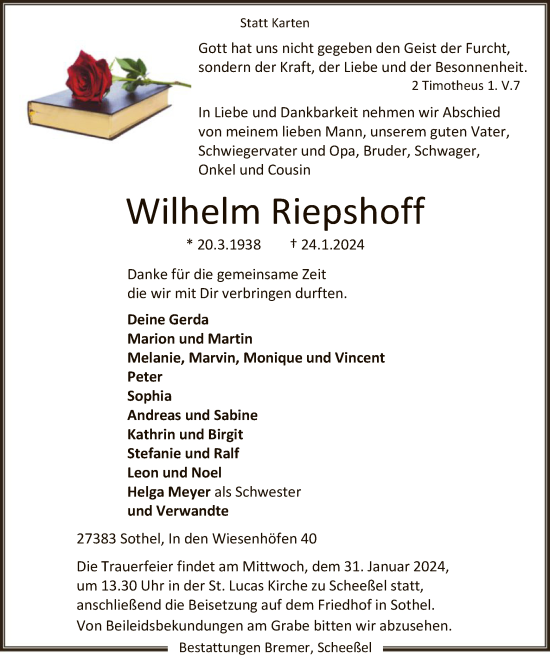 Traueranzeige von Wilhelm Riepshoff von SYK