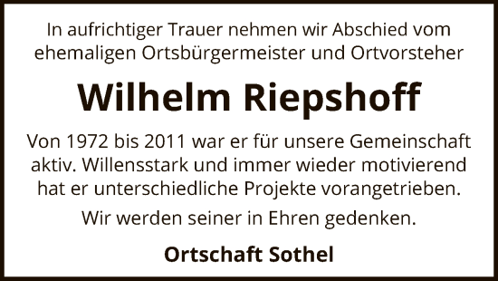 Traueranzeige von Wilhelm Riepshoff von SYK