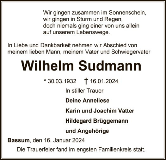 Traueranzeige von Wilhelm Sudmann von SYK