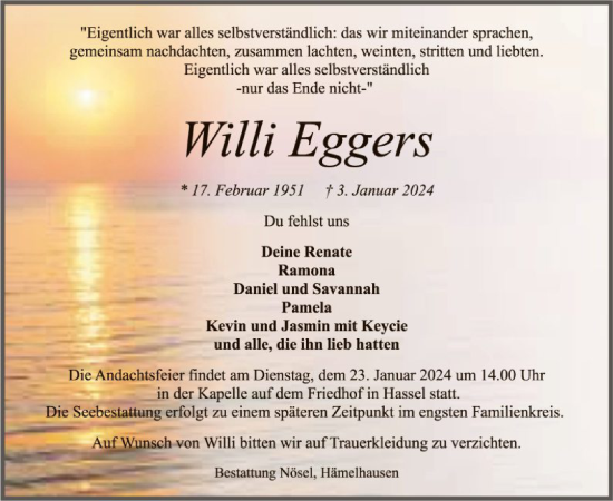 Traueranzeige von Willi Eggers von SYK