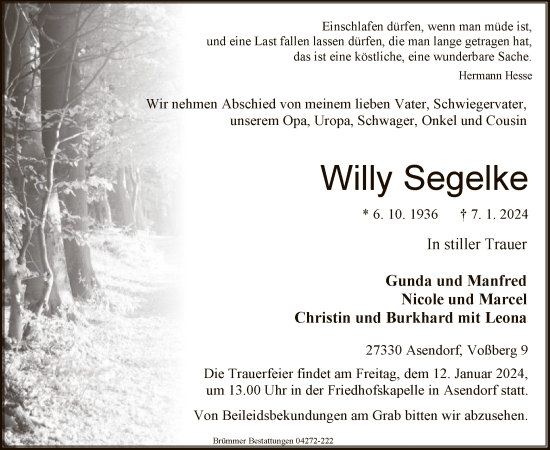 Traueranzeige von Willy Segelke von SYK