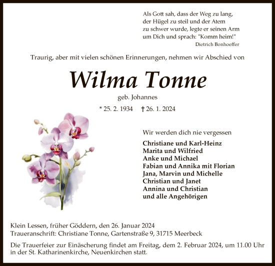 Traueranzeige von Wilma Tonne von SYK