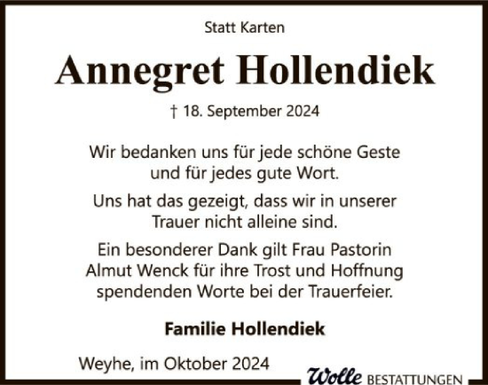 Traueranzeige von Annegret Hollendiek von SYK