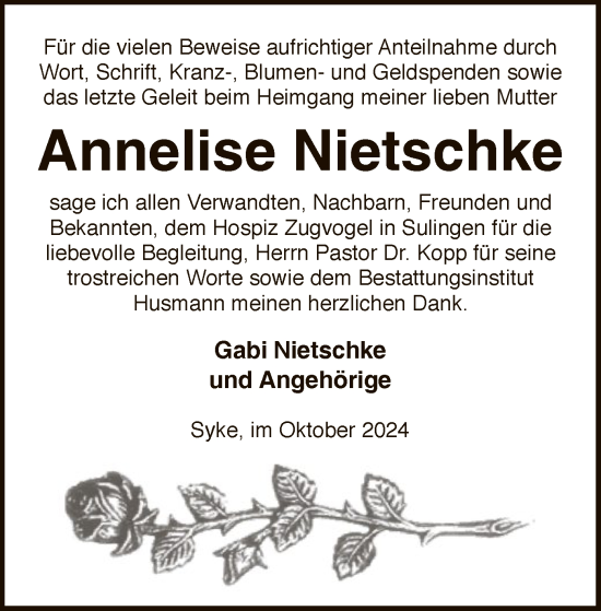 Traueranzeige von Annelise Nietschke von SYK