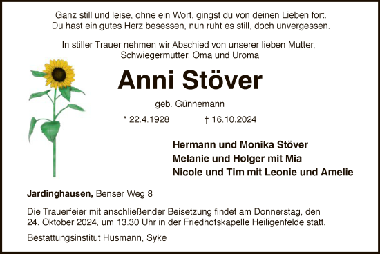 Traueranzeige von Anni Stöver von SYK