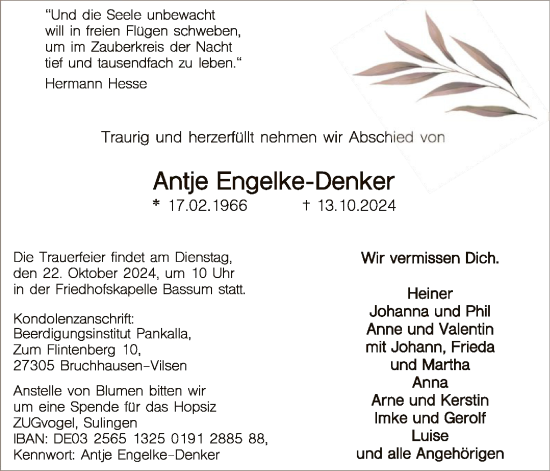 Traueranzeige von Antje Engelke-Denker von SYK