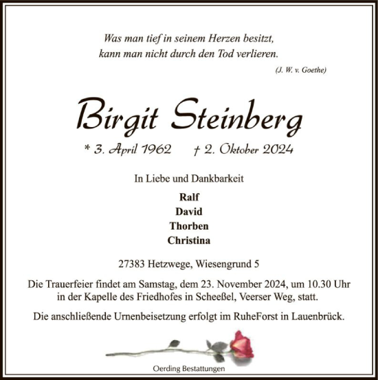 Traueranzeige von Birgit Steinberg von SYK