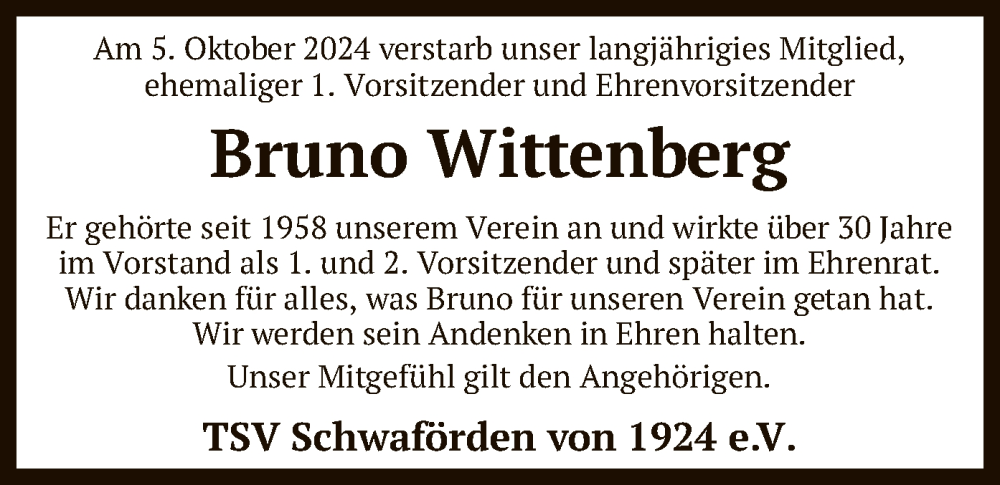  Traueranzeige für Bruno Wittenberg vom 24.10.2024 aus SYK