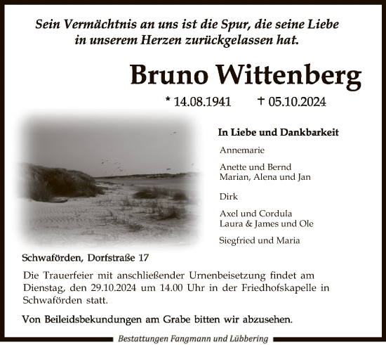 Traueranzeige von Bruno Wittenberg von SYK