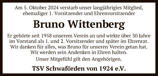 Traueranzeige von Bruno Wittenberg von SYK