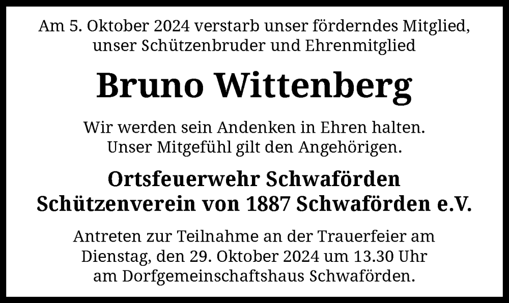  Traueranzeige für Bruno Wittenberg vom 24.10.2024 aus SYK