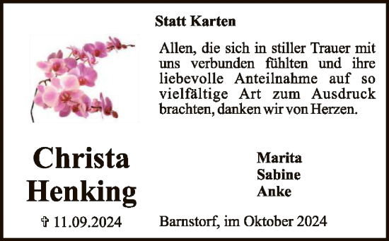 Traueranzeige von Christa Henking von SYK