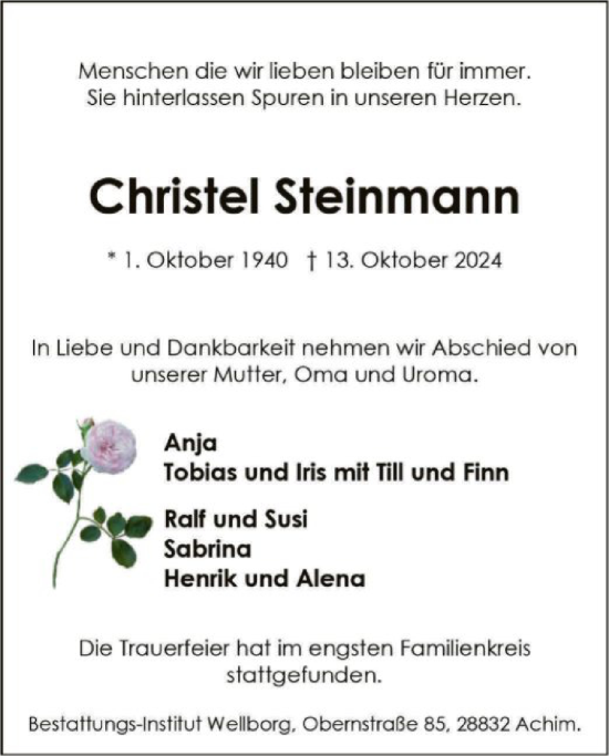 Traueranzeige von Christel Steinmann von SYK