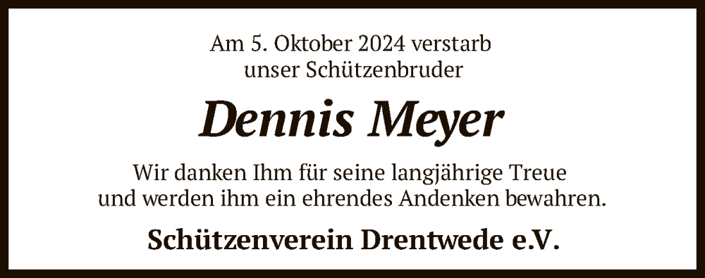  Traueranzeige für Dennis Meyer vom 16.10.2024 aus SYK