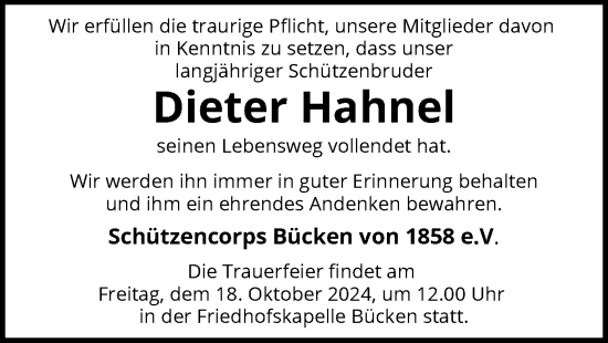 Traueranzeige von Dieter Hahnel von SYK