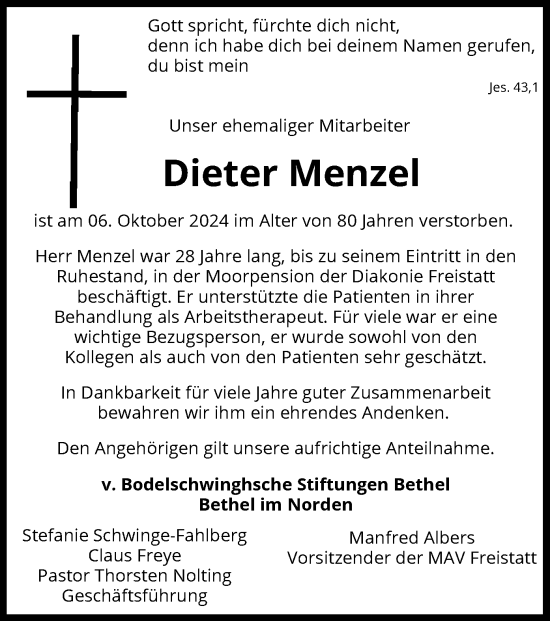 Traueranzeige von Dieter Menzel von SYK