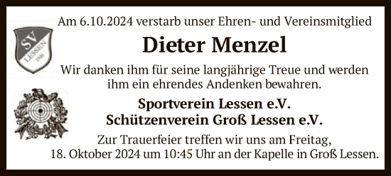 Traueranzeige von Dieter Menzel von SYK